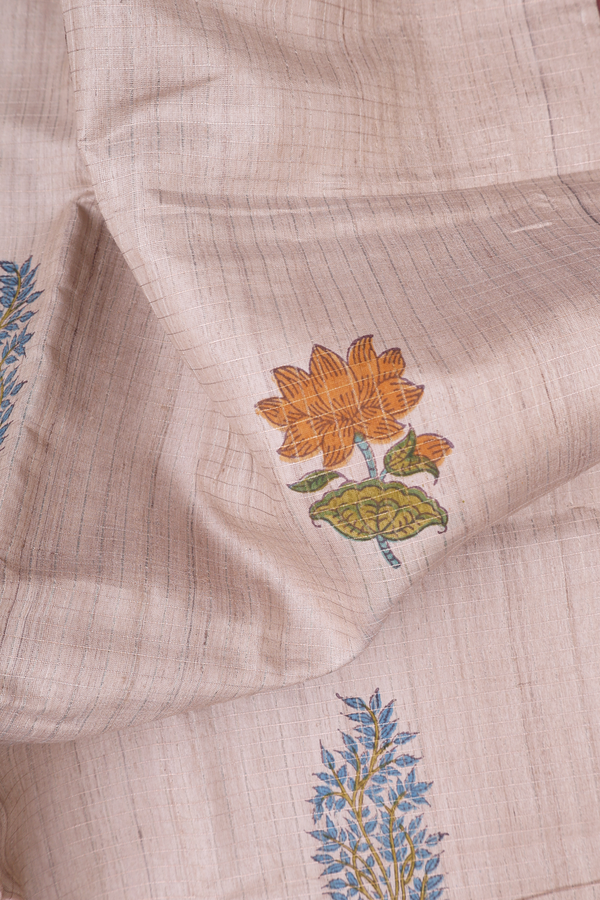Tussar Silk Saree In Beige With Floral Printed Design