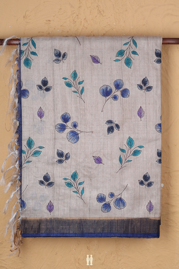 Tussar Silk Saree In Beige With Leaf Printed Design