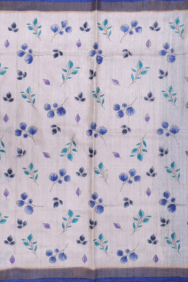 Tussar Silk Saree In Beige With Leaf Printed Design