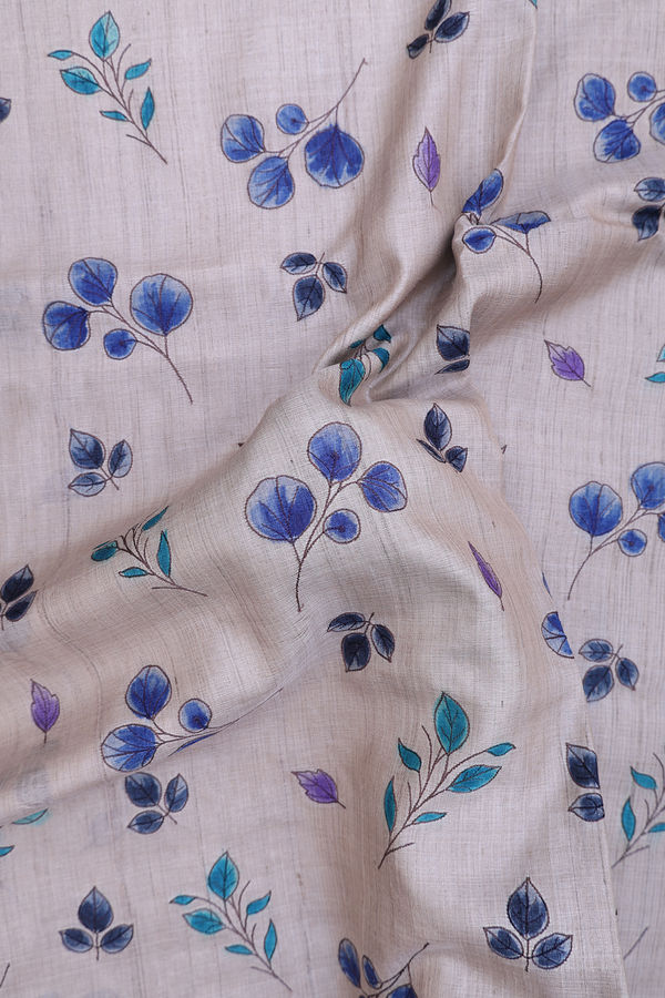 Tussar Silk Saree In Beige With Leaf Printed Design