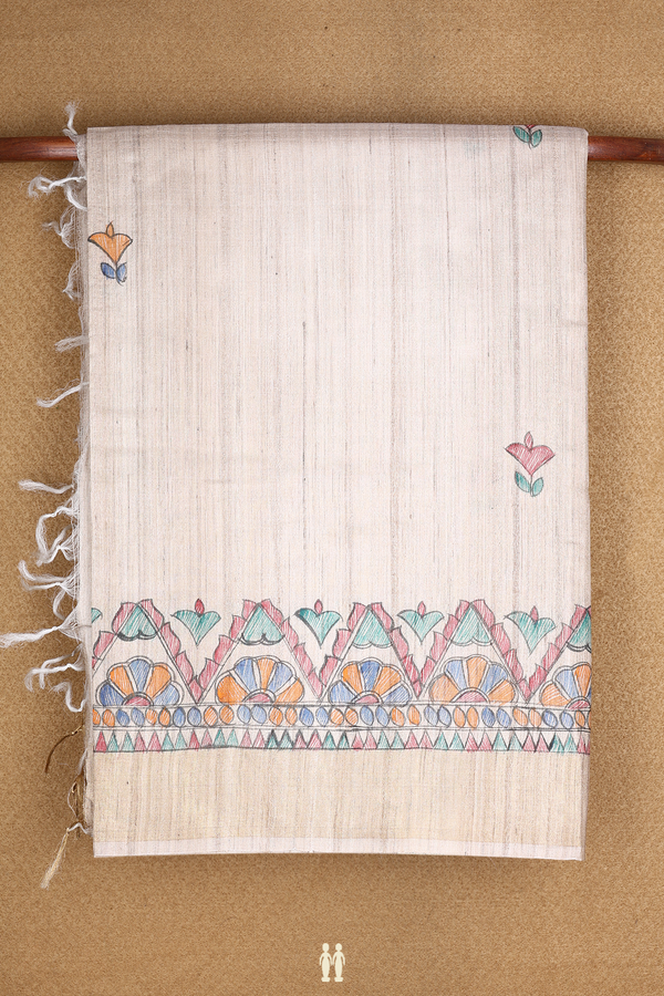 Tussar Silk Saree In Beige With Madhubani Printed Border