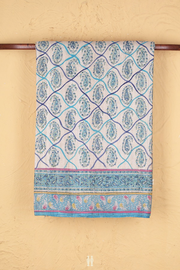 Tussar Silk Saree In Beige With Paisley Design
