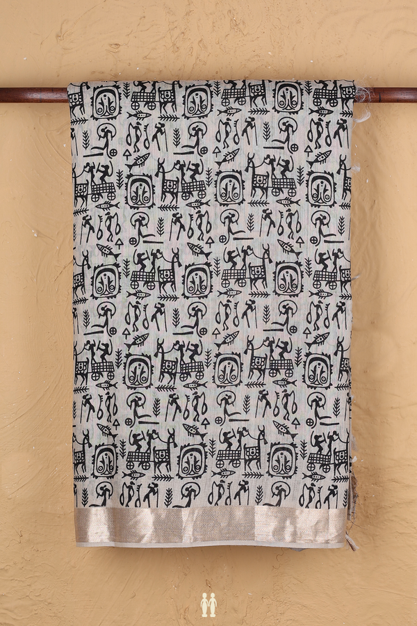 Tussar Silk Saree In Beige With Warli Printed Design