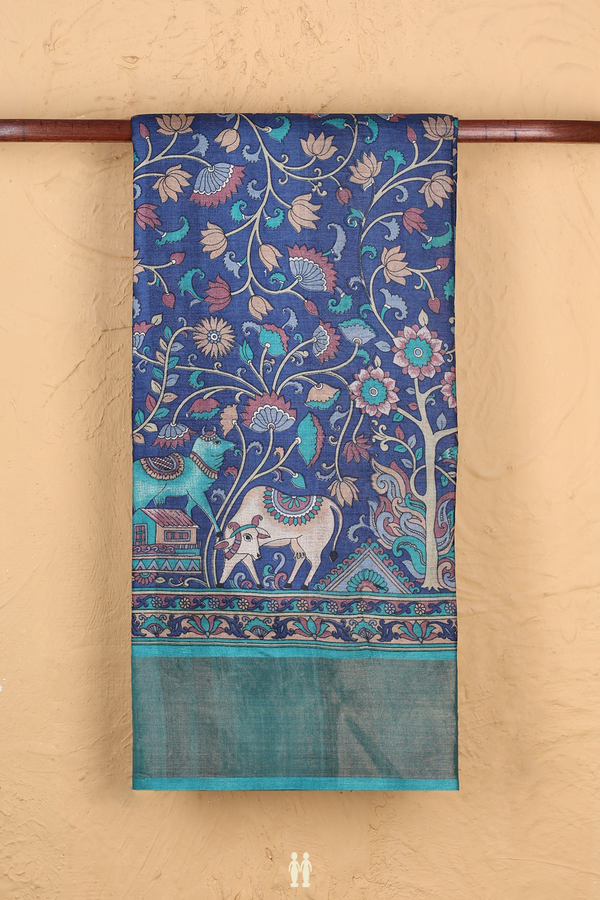 Tussar Silk Saree In Berry Blue With Floral Design