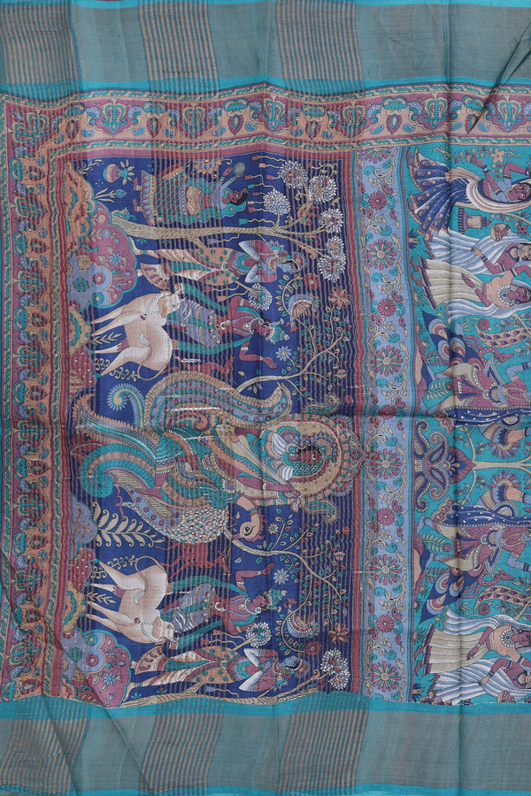 Tussar Silk Saree In Berry Blue With Floral Design