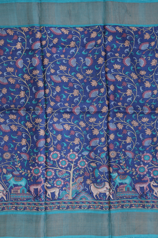 Tussar Silk Saree In Berry Blue With Floral Design