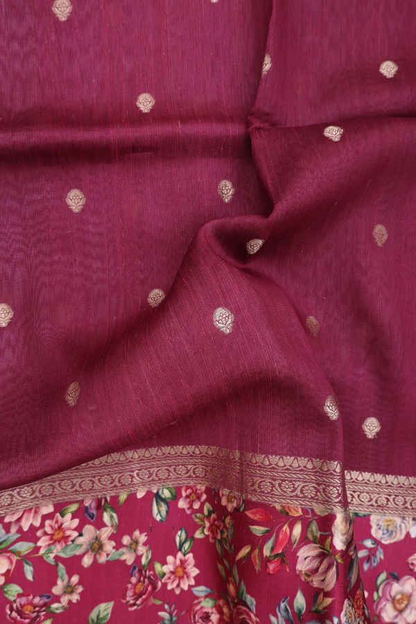Tussar Silk Saree In Berry Brown With Zari Buttas