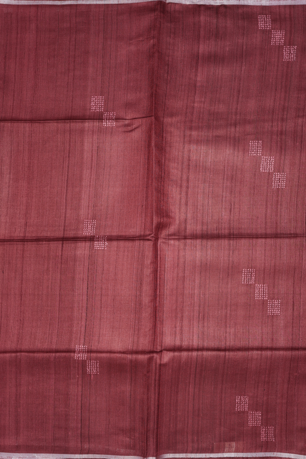 Tussar Silk Saree In Berry Red With Threadwork Buttas