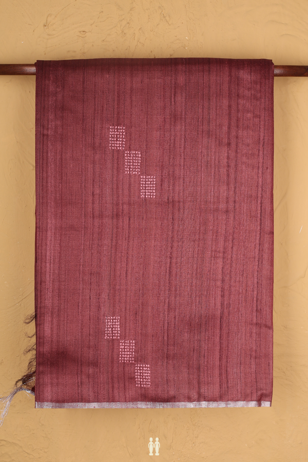 Tussar Silk Saree In Berry Red With Threadwork Buttas