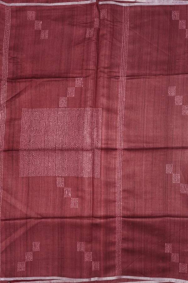Tussar Silk Saree In Berry Red With Threadwork Buttas