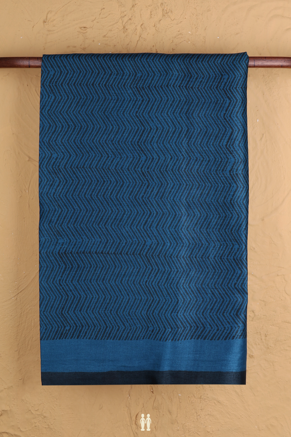 Tussar Silk Saree In Black And Blue With Chevron Design