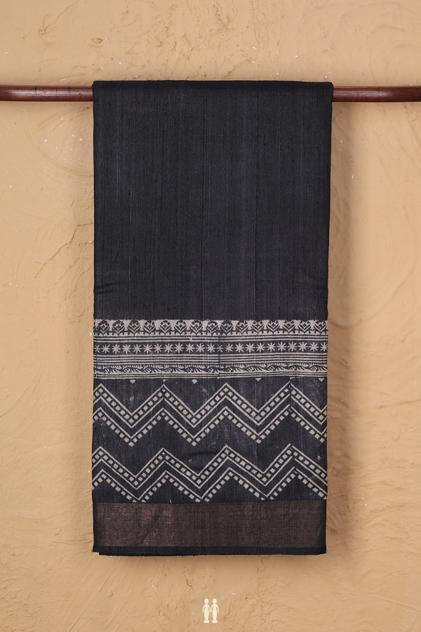 Tussar Silk Saree In Black And Brown With Chevron Border