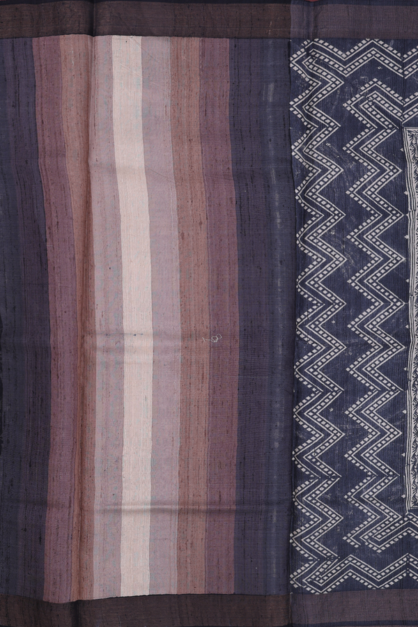Tussar Silk Saree In Black And Brown With Chevron Border