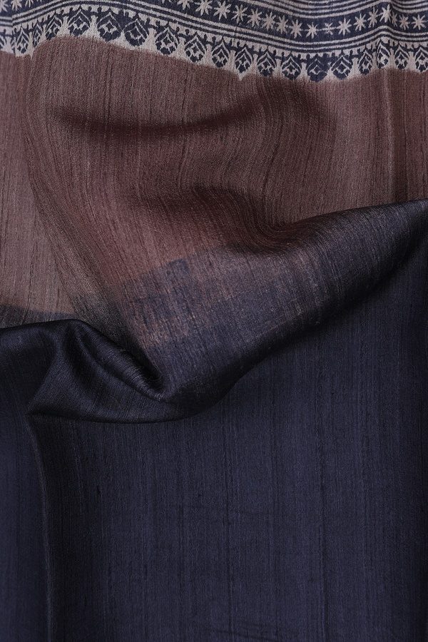 Tussar Silk Saree In Black And Brown With Chevron Border