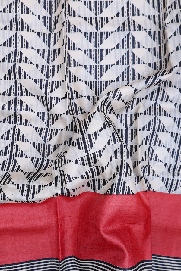 Tussar Silk Saree In Black And White With Printed Design