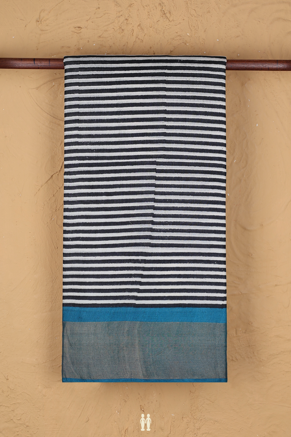 Tussar Silk Saree In Black And White With Stripes Design