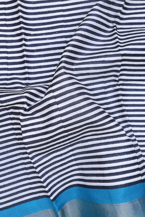 Tussar Silk Saree In Black And White With Stripes Design