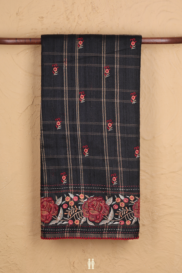 Tussar Silk Saree In Black With Checks Design