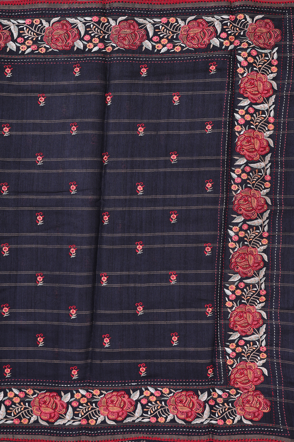 Tussar Silk Saree In Black With Checks Design