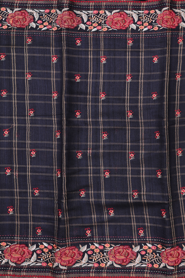 Tussar Silk Saree In Black With Checks Design