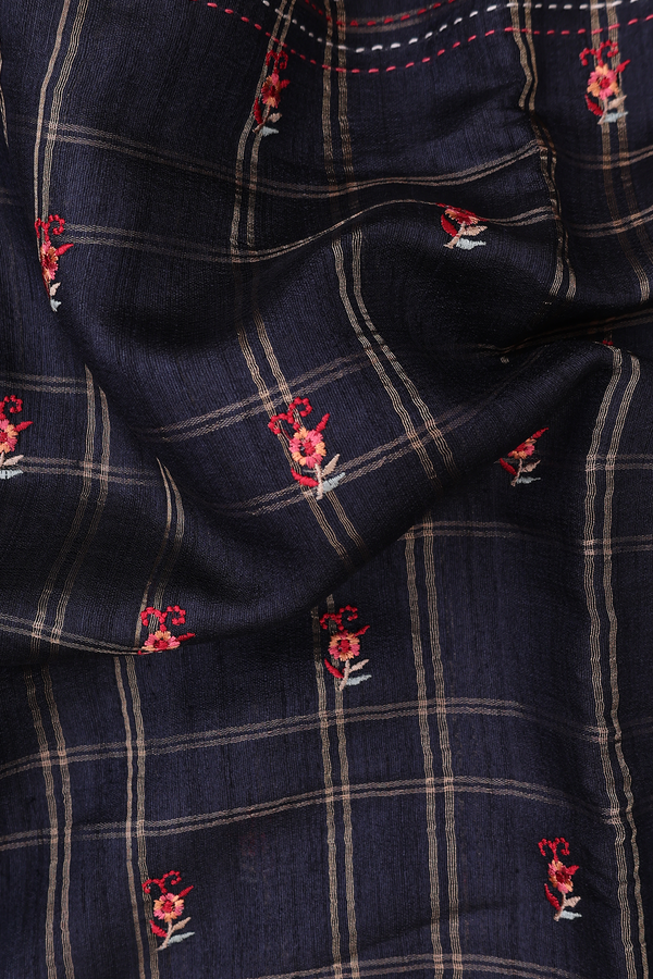 Tussar Silk Saree In Black With Checks Design