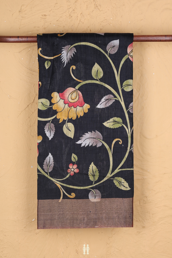 Tussar Silk Saree In Black With Floral Printed Design