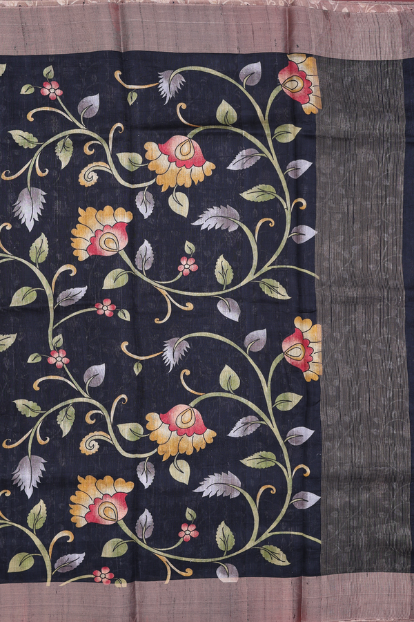 Tussar Silk Saree In Black With Floral Printed Design