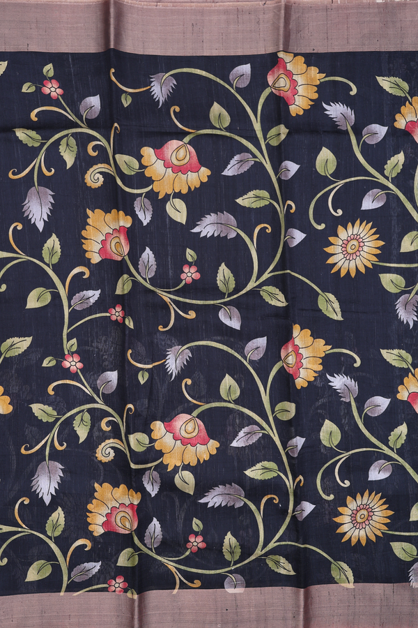 Tussar Silk Saree In Black With Floral Printed Design