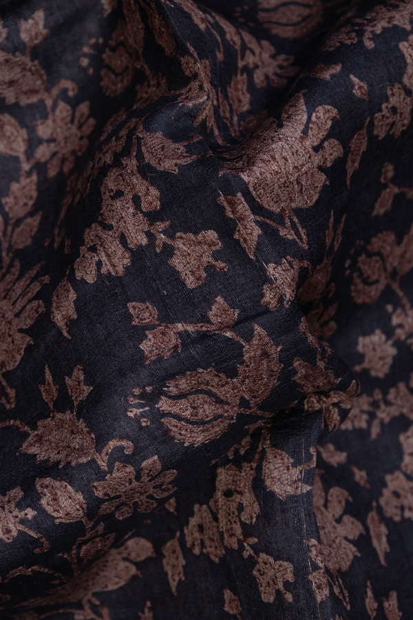 Tussar Silk Saree In Black With Floral Printed Design