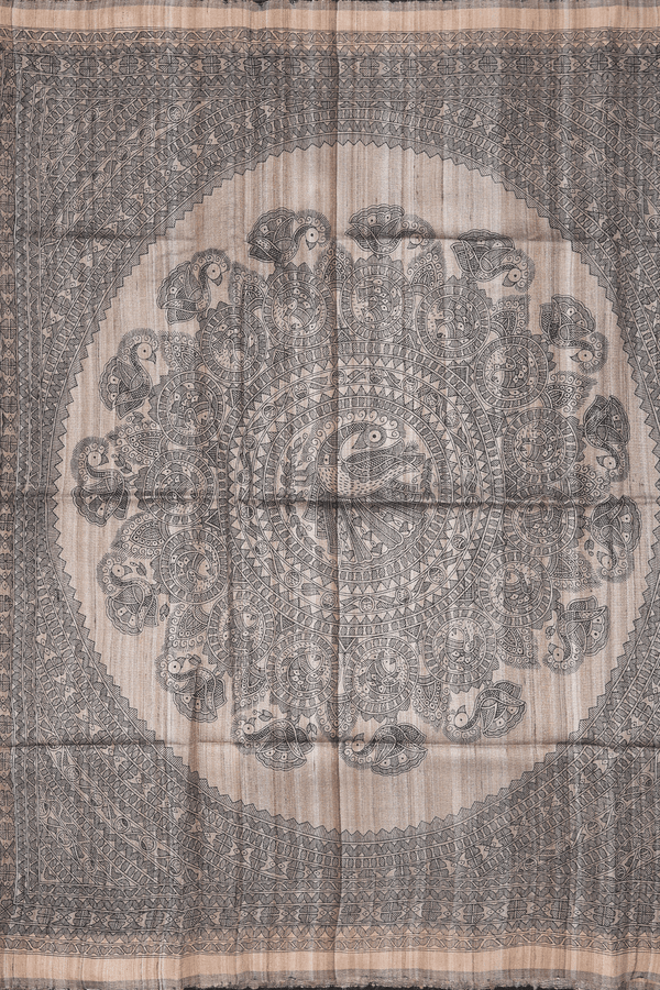 Tussar Silk Saree In Black With Madhubani Pallu