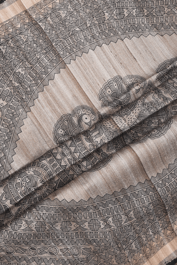 Tussar Silk Saree In Black With Madhubani Pallu