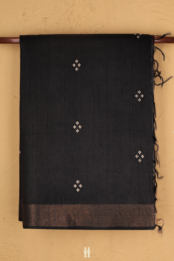 Tussar Silk Saree In Black With Threadwork Buttas