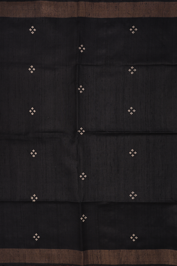 Tussar Silk Saree In Black With Threadwork Buttas