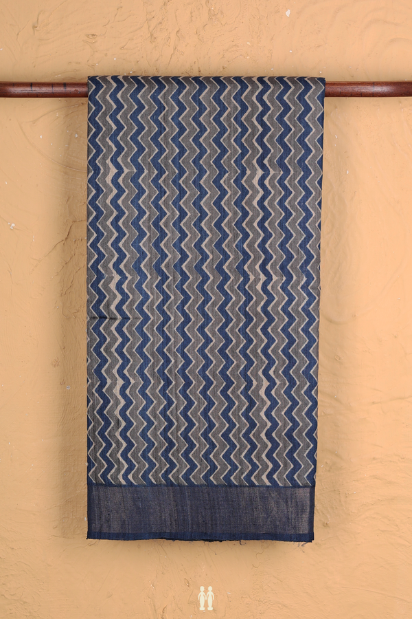 Tussar Silk Saree In Blue And Grey With Chevron Design