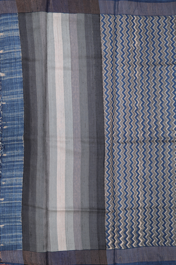 Tussar Silk Saree In Blue And Grey With Chevron Design