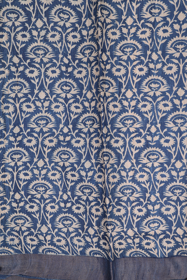 Tussar Silk Saree In Blue And Grey With Chevron Design