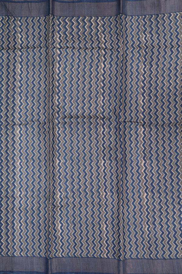 Tussar Silk Saree In Blue And Grey With Chevron Design