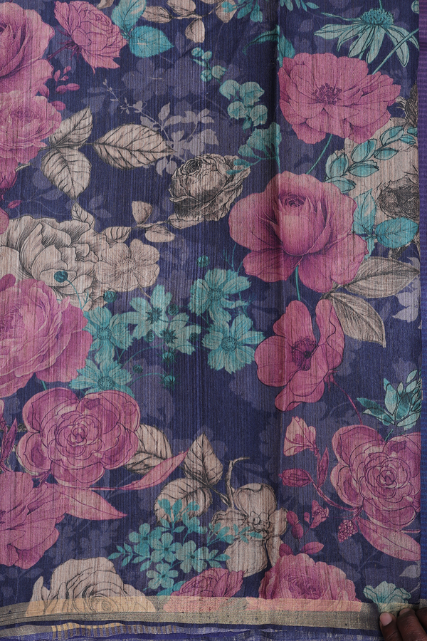 Tussar Silk Saree In Blue And Purple With Zari Buttas