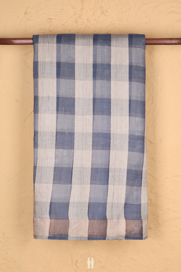 Tussar Silk Saree In Blue With Beige With Checks Design