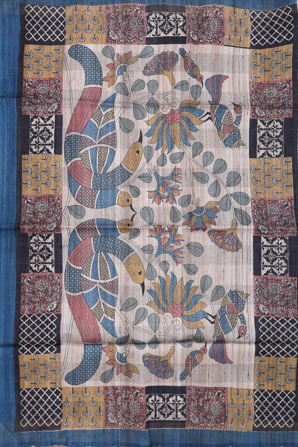 Tussar Silk Saree In Blue With Beige With Checks Design
