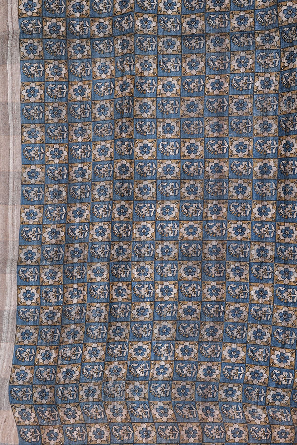 Tussar Silk Saree In Blue With Beige With Checks Design