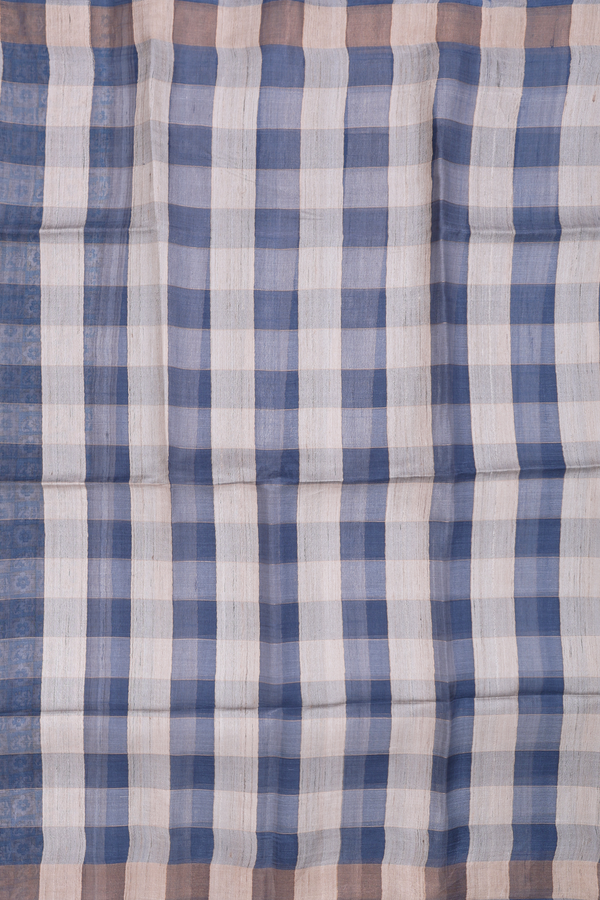 Tussar Silk Saree In Blue With Beige With Checks Design