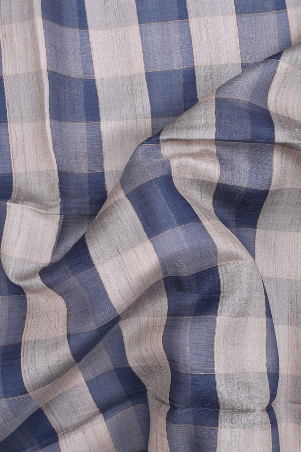Tussar Silk Saree In Blue With Beige With Checks Design