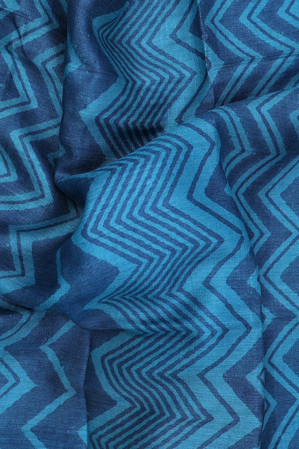 Tussar Silk Saree In Blue With Chevron Printed Design
