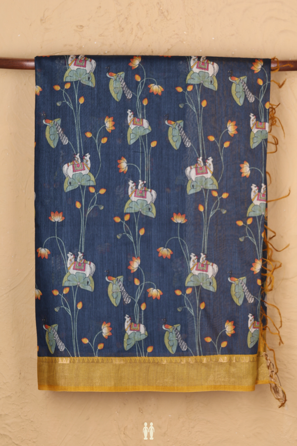 Tussar Silk Saree In Blue With Cow And Floral Printed Design