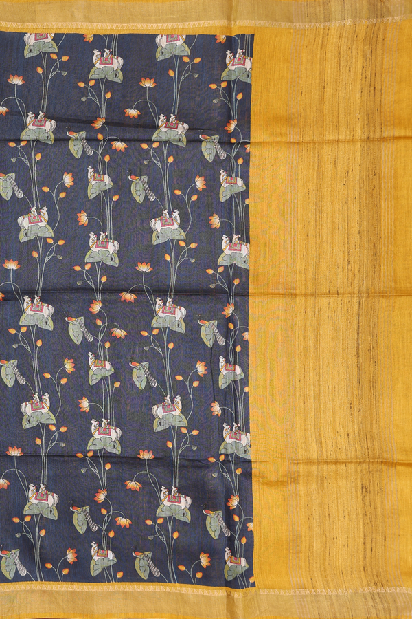 Tussar Silk Saree In Blue With Cow And Floral Printed Design