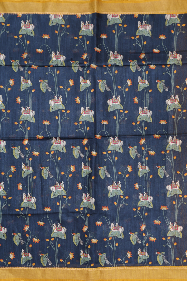 Tussar Silk Saree In Blue With Cow And Floral Printed Design