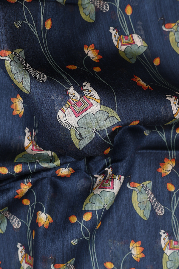 Tussar Silk Saree In Blue With Cow And Floral Printed Design
