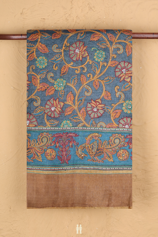 Tussar Silk Saree In Blue With Floral Embroidered Design