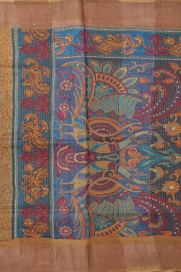 Tussar Silk Saree In Blue With Floral Embroidered Design